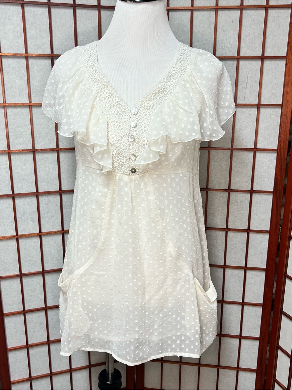 Daniel Rainn Ivory Swiss Dot Ruffle V-Neck Mini Dress